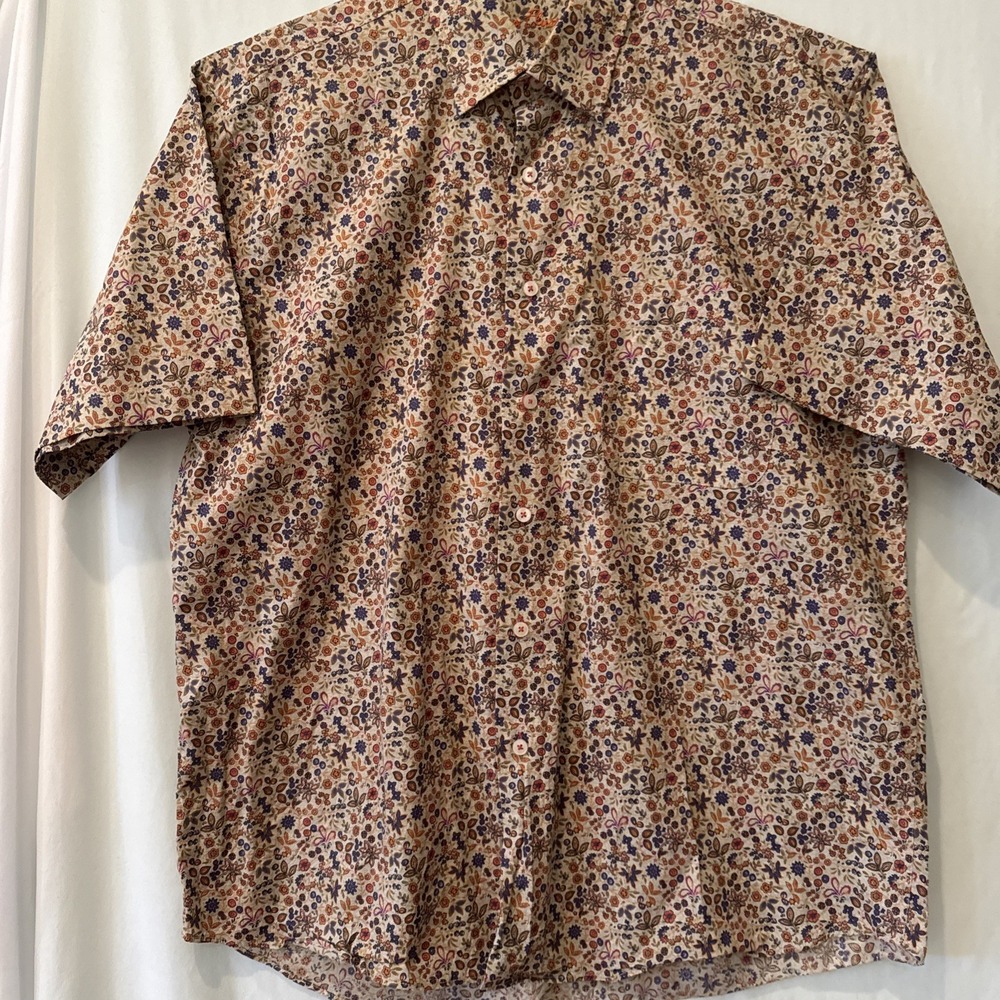Alan Flusser Button Up Shirt LG Men's Tan Floral Short Sleeve Casual - Picture 2 of 16